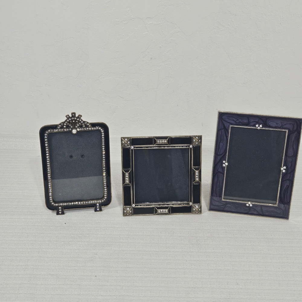 MCM Retro Ornate Picture Frame Set 3pc Art Deco Rhinestone Enamel Black Purple
